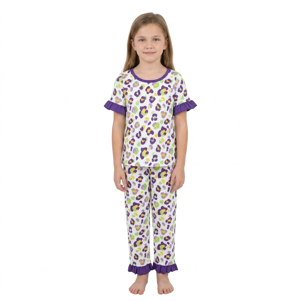 GSPO2388 Mardi Gras Leopard Purple Ruffle Girls Set