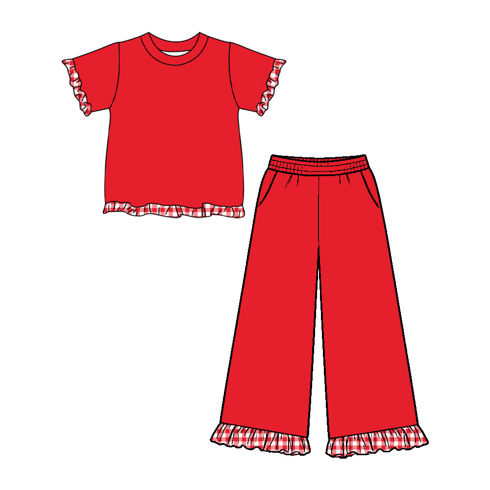 Preorder MOQ 5 pcs GSPO2408 Solid Color Plaid Ruffle Red Girls Set