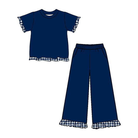 Preorder MOQ 5 pcs GSPO2409 Solid Color Plaid Ruffle Navy Girls Set