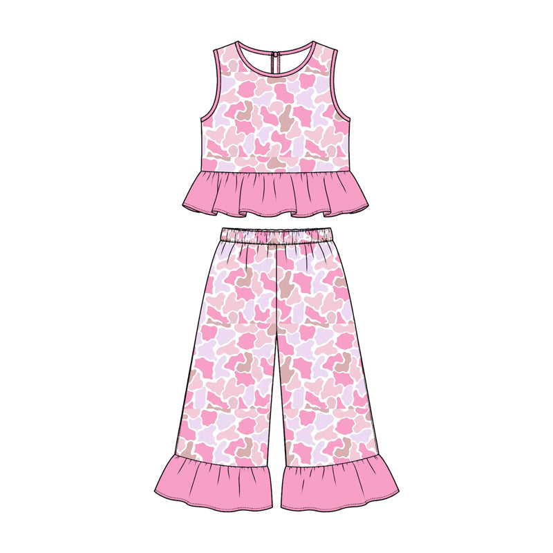 Preorder MOQ 5 pcs Each Style Camo Leopard Leaves Pink Ruffles Kids Matching Clothes