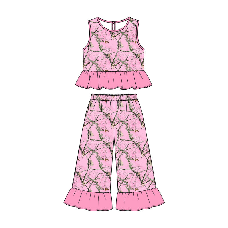 Preorder MOQ 5 pcs Each Style Camo Leopard Leaves Pink Ruffles Kids Matching Clothes