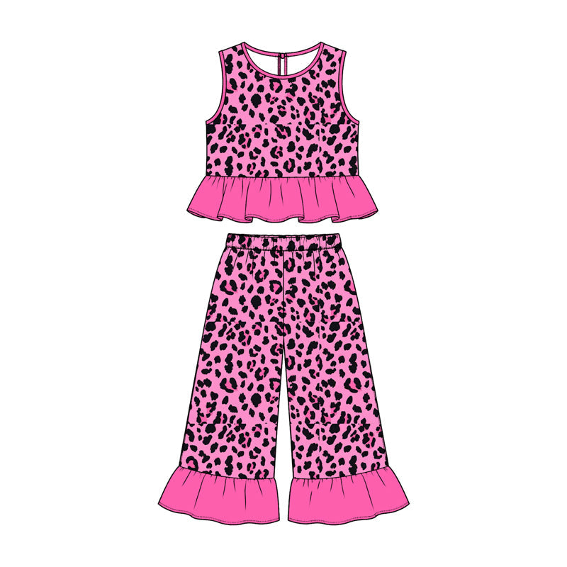 Preorder MOQ 5 pcs Each Style Camo Leopard Leaves Pink Ruffles Kids Matching Clothes