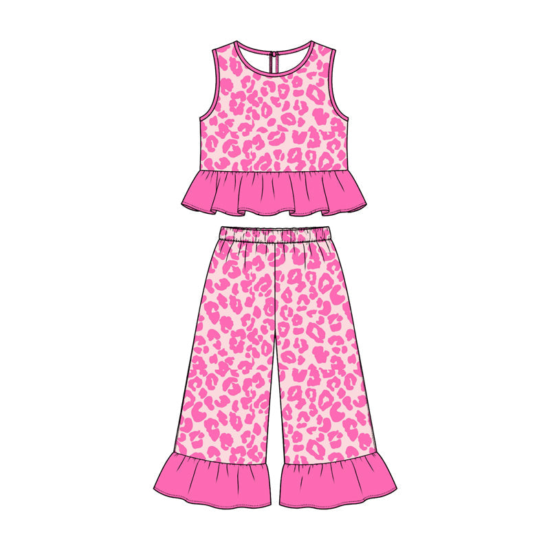Preorder MOQ 5 pcs Each Style Camo Leopard Leaves Pink Ruffles Kids Matching Clothes