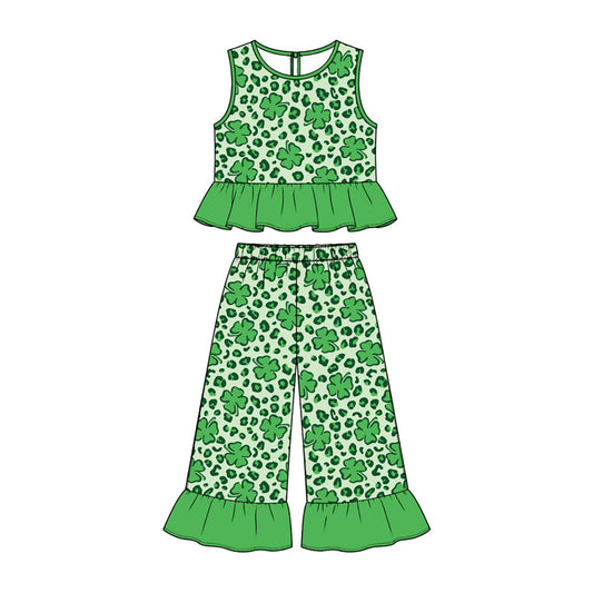 Preorder MOQ 5 pcs GSPO2426 Saint Patrick Leaves Leopard Green Ruffle Girls Set