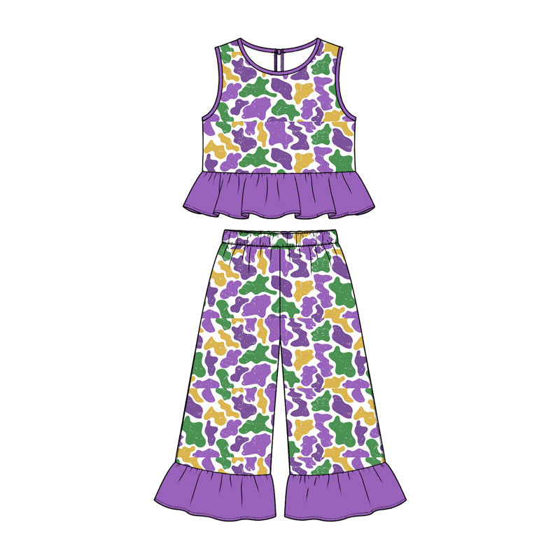 Preorder MOQ 5 pcs GSPO2427 Mardi Gras Camo Purple Ruffle Girls Set
