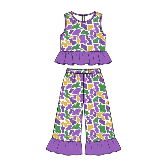 Preorder MOQ 5 pcs GSPO2427 Mardi Gras Camo Purple Ruffle Girls Set