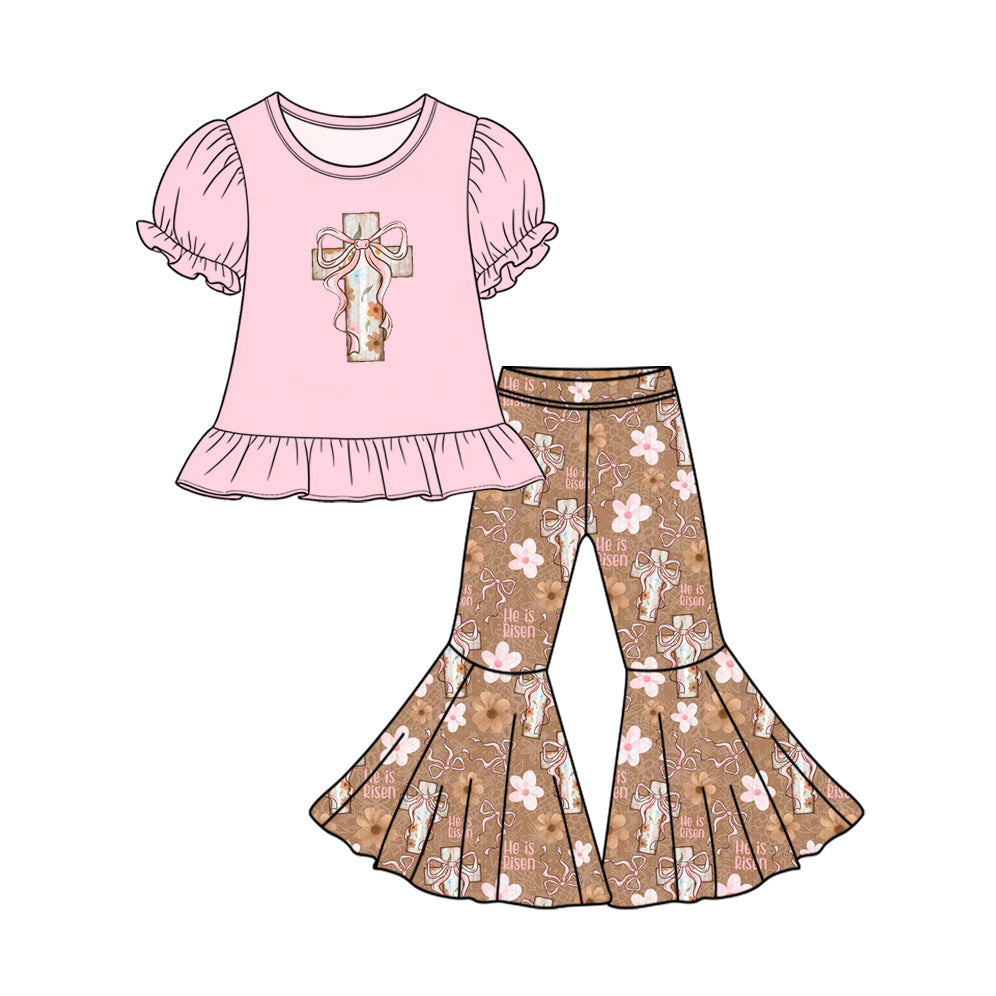 Preorder MOQ 5 pcs Each Style He is Risen Easter Cross Flower Kids Matching Clothes