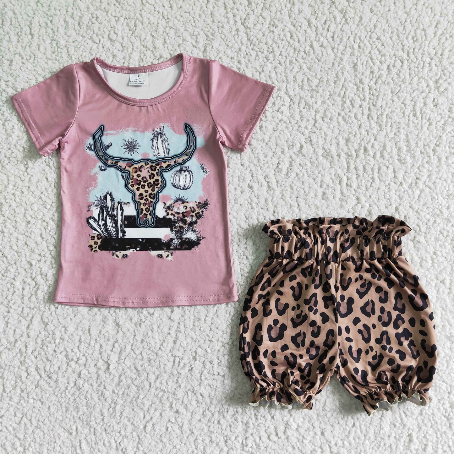 Clearance GSSO0089 Girls pink leopard print bull short sleeve shorts set high quality