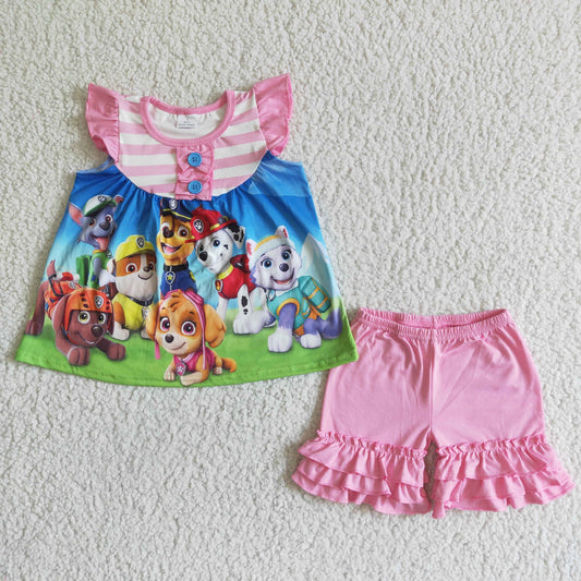 Clearance GSSO0010 Cute puppy pink striped flying sleeve top and shorts outfit