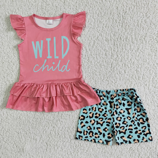 Clearance GSSO0036 Girls pink flying sleeve alphabet leopard blue short sleeve shorts set