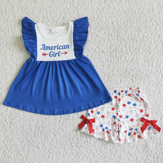 Clearance GSSO0042 AmericanGirl Blue flying sleeve red bow shorts suit