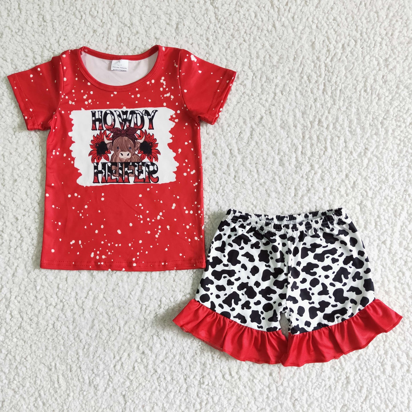 Clearance GSSO0043 HOWDYHEIFER Red short-sleeved cow lace shorts set