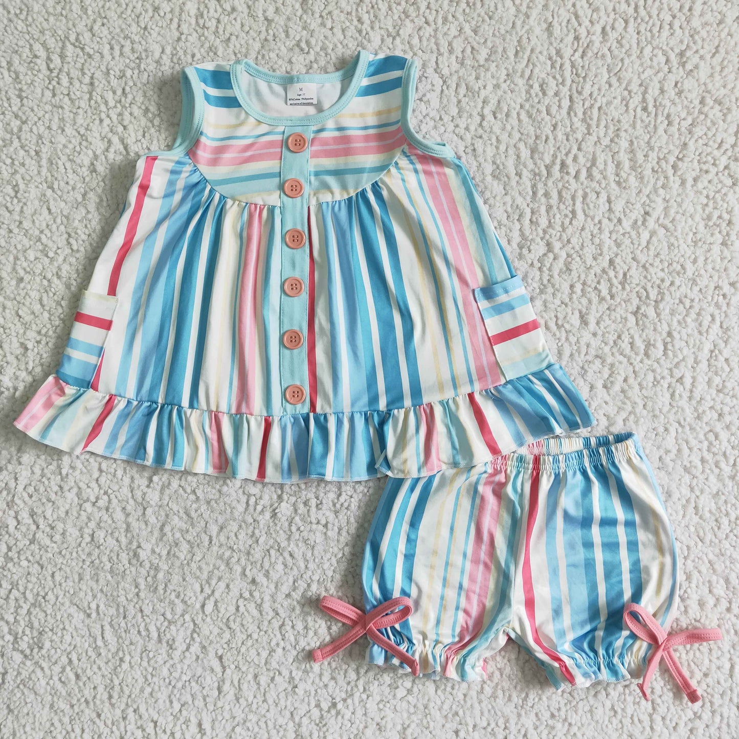 Clearance  GSSO0045 Girls sleeveless colored striped pocket button bow short sleeve shorts suit