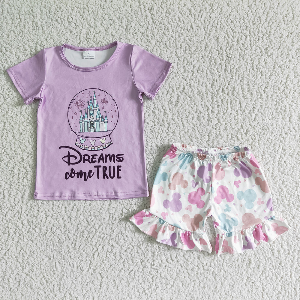 Clearance GSSO0050 Girls Disney Castle Colorful Mickey Purple short sleeve shorts set