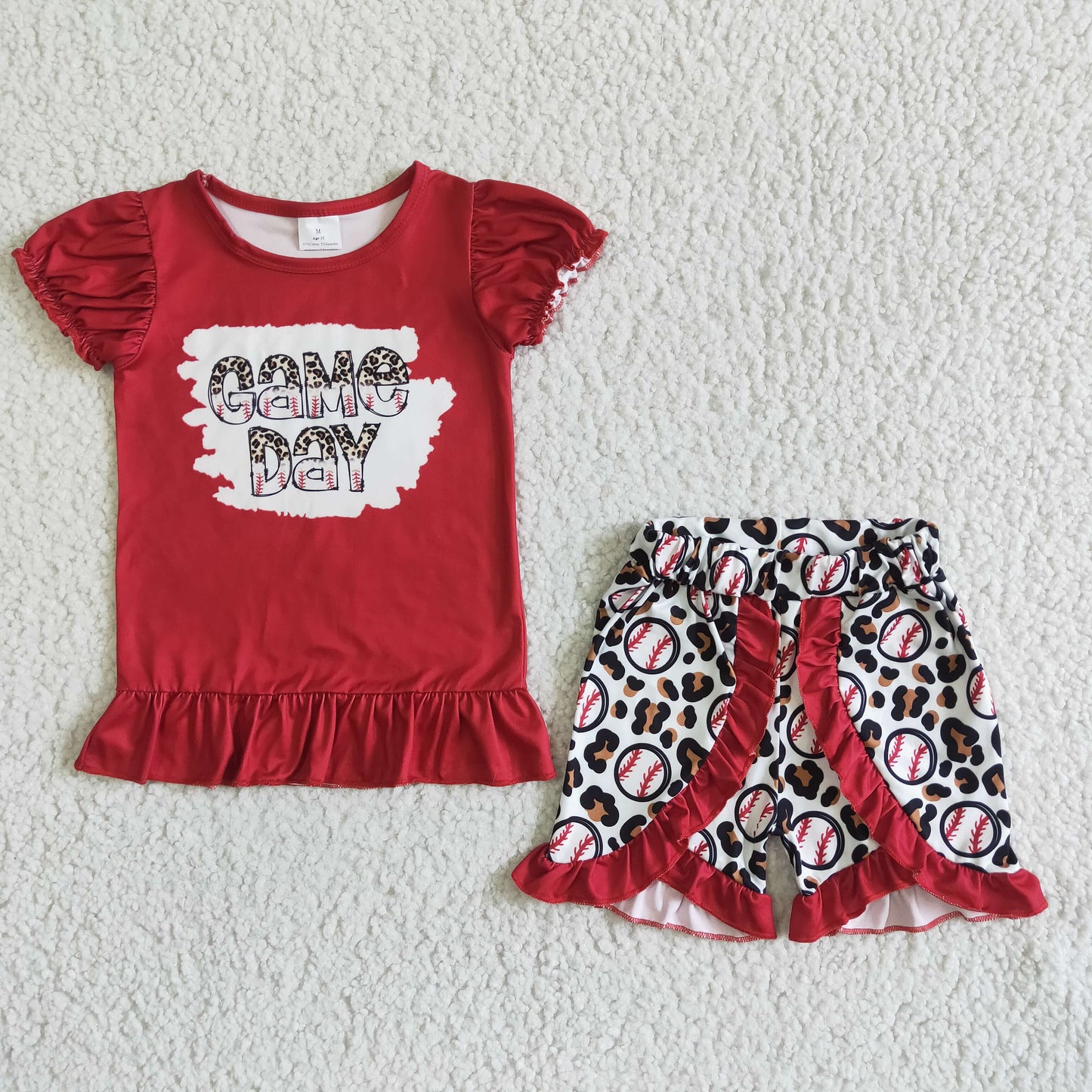 Clearance  GSSO0057 Girls red GAMEDAY short-sleeved baseball leopard-print shorts suit