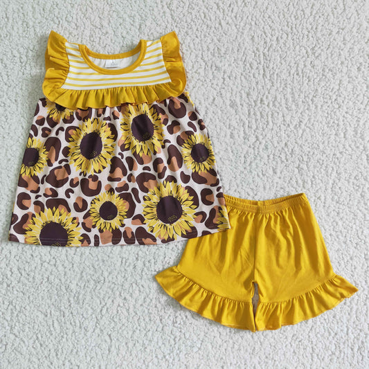 Clearance GSSO0069 Lace sleeveless sunflower leopard print yellow shorts set