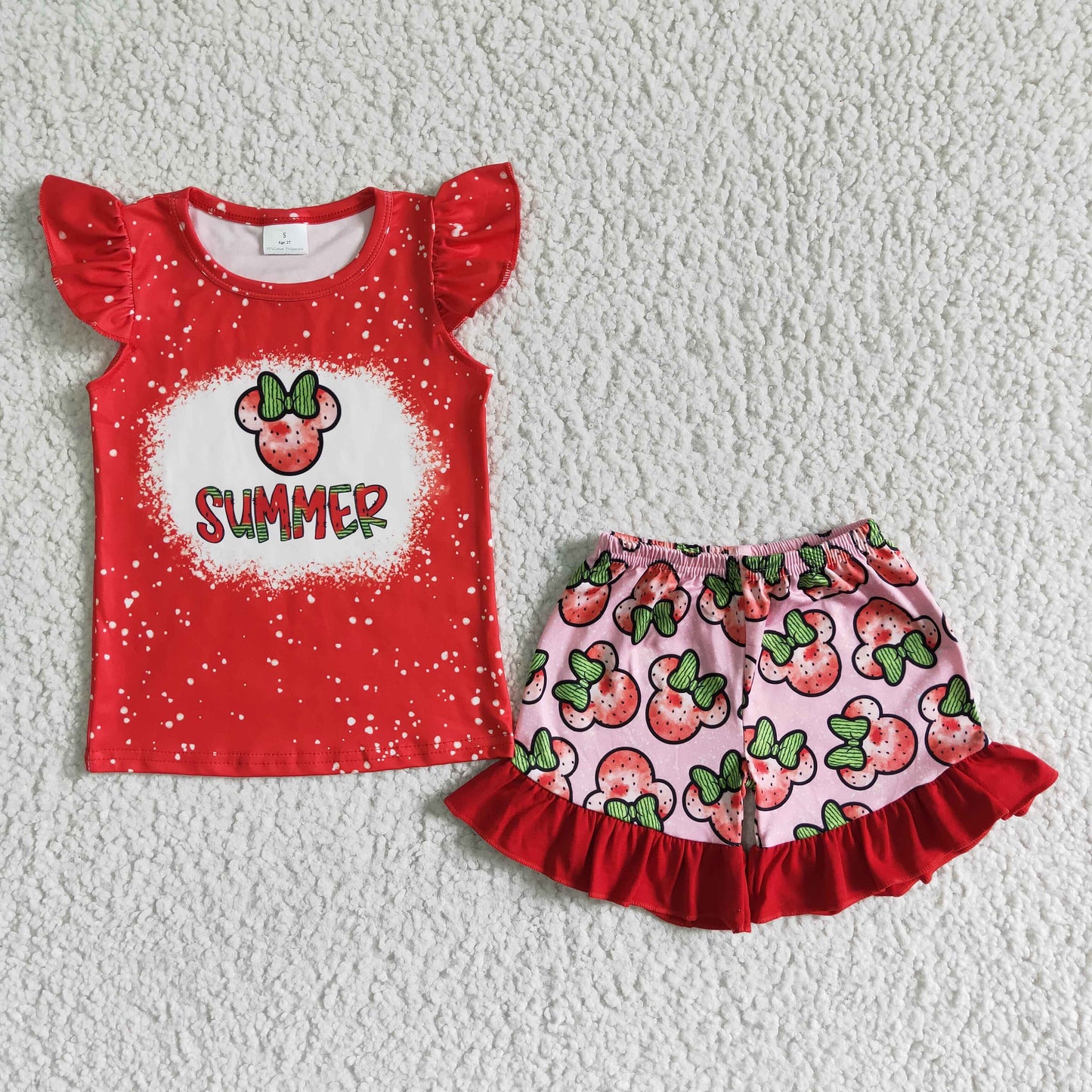 Clearance GSSO0071 Girls red SUMMER Strawberry Mickey Flying sleeve top Lace shorts set