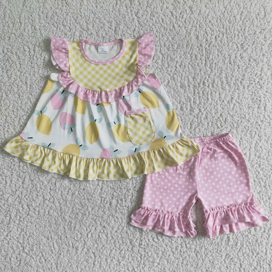 Clearance  GSSO0073 Girls yellow lemon strawberry flying sleeve top pink lace shorts set