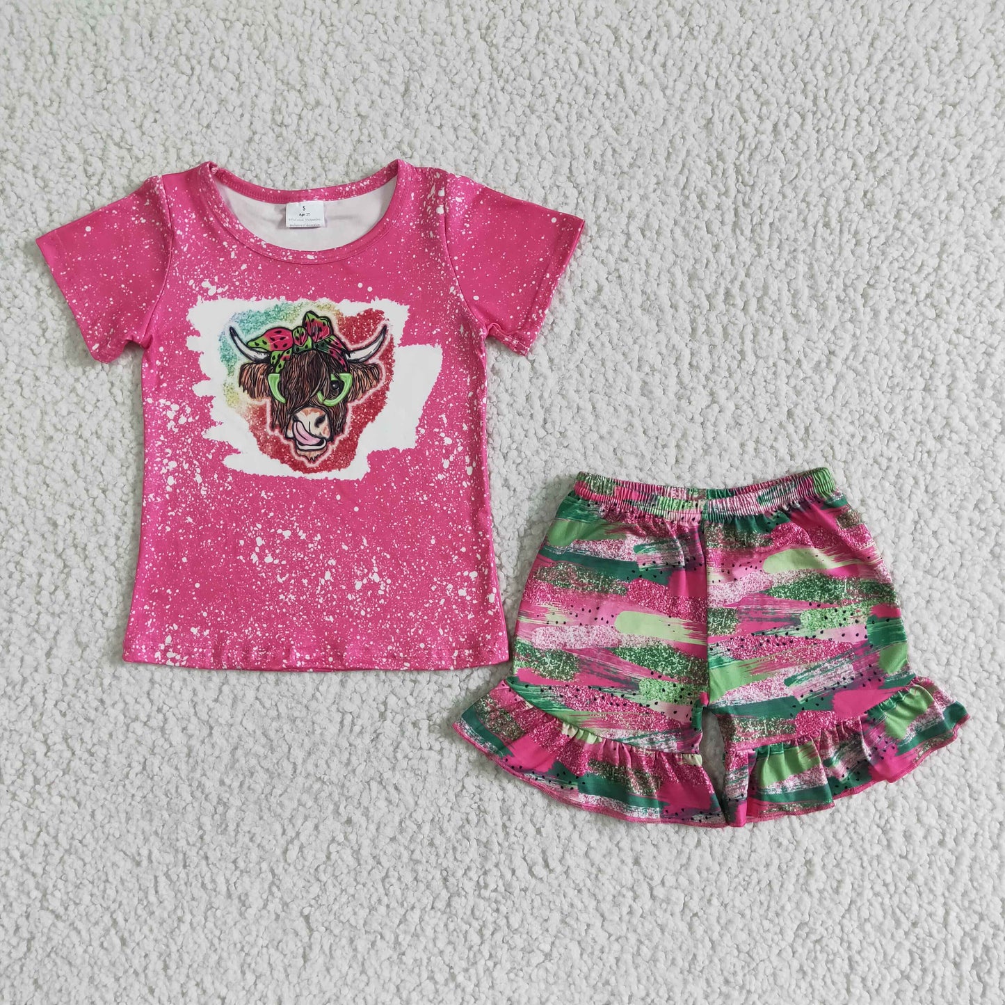 Clearance GSSO0074 Girls rose alpine bull short sleeve colorful lace shorts set