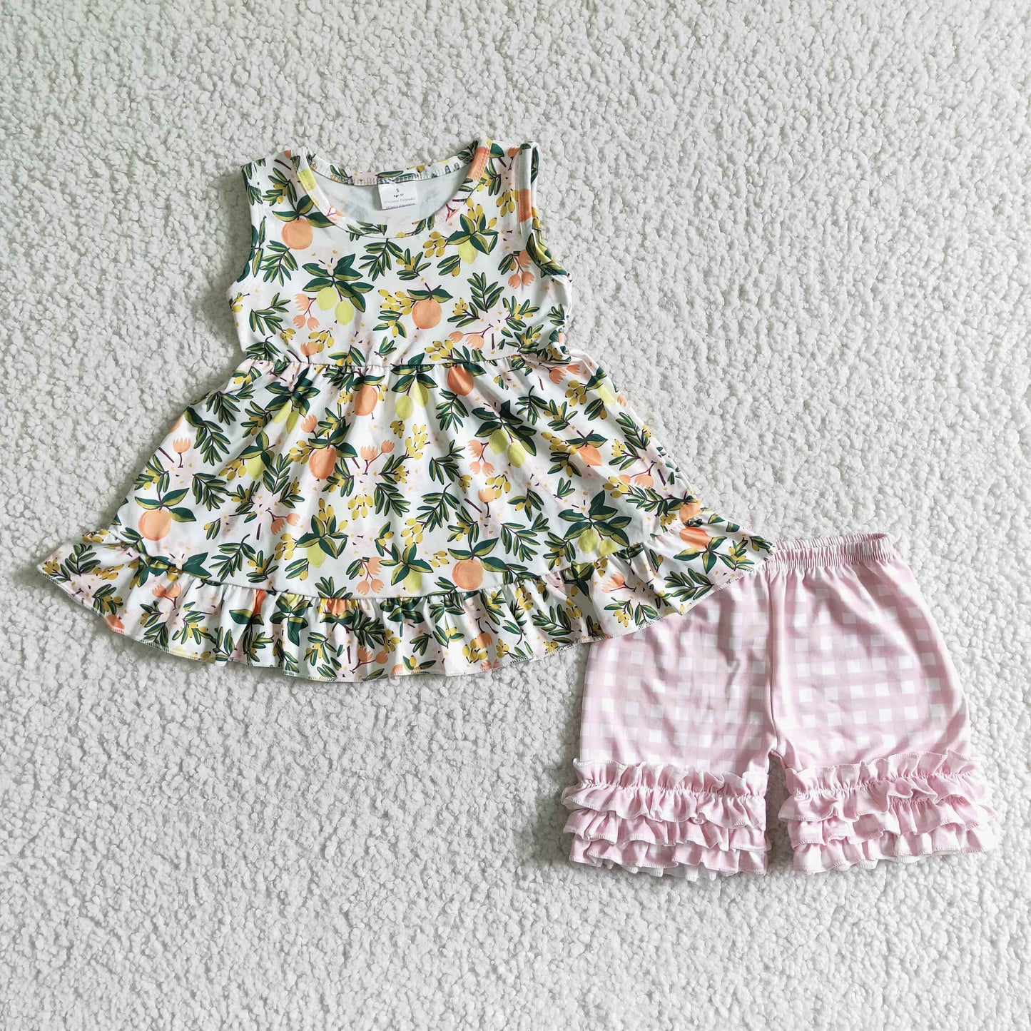 Clearance  GSSO0076 Girls sleeveless fruit green leaf top pink plaid lace shorts set