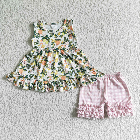 Clearance  GSSO0076 Girls sleeveless fruit green leaf top pink plaid lace shorts set