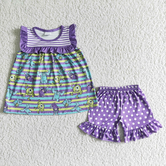 Clearance  GSSO0077 Girl Monster University One-eyed Monster Purple flying Sleeve striped white dot shorts set