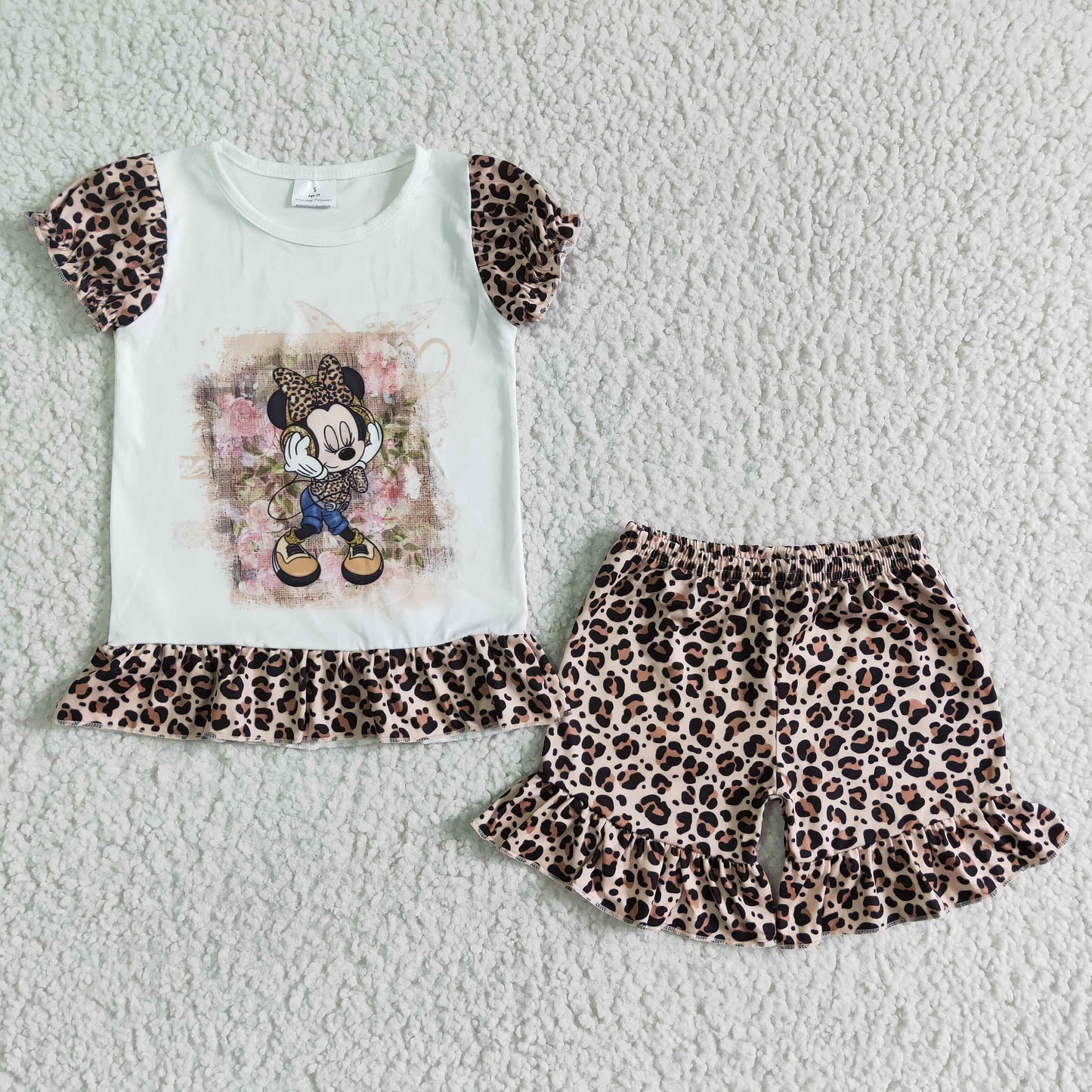 Clearance  GSSO0079 Leopard print Mickey short sleeve lace shorts suit for girls