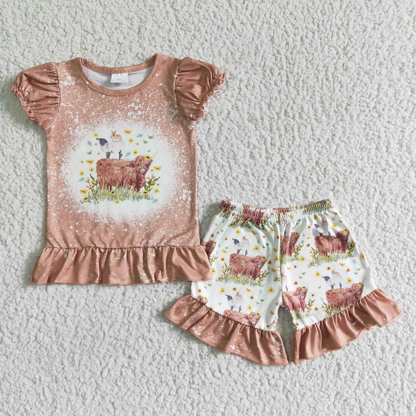 Clearance  GSSO0083 Girls light brown alpine cow flower butterfly puffed sleeve lace shorts set