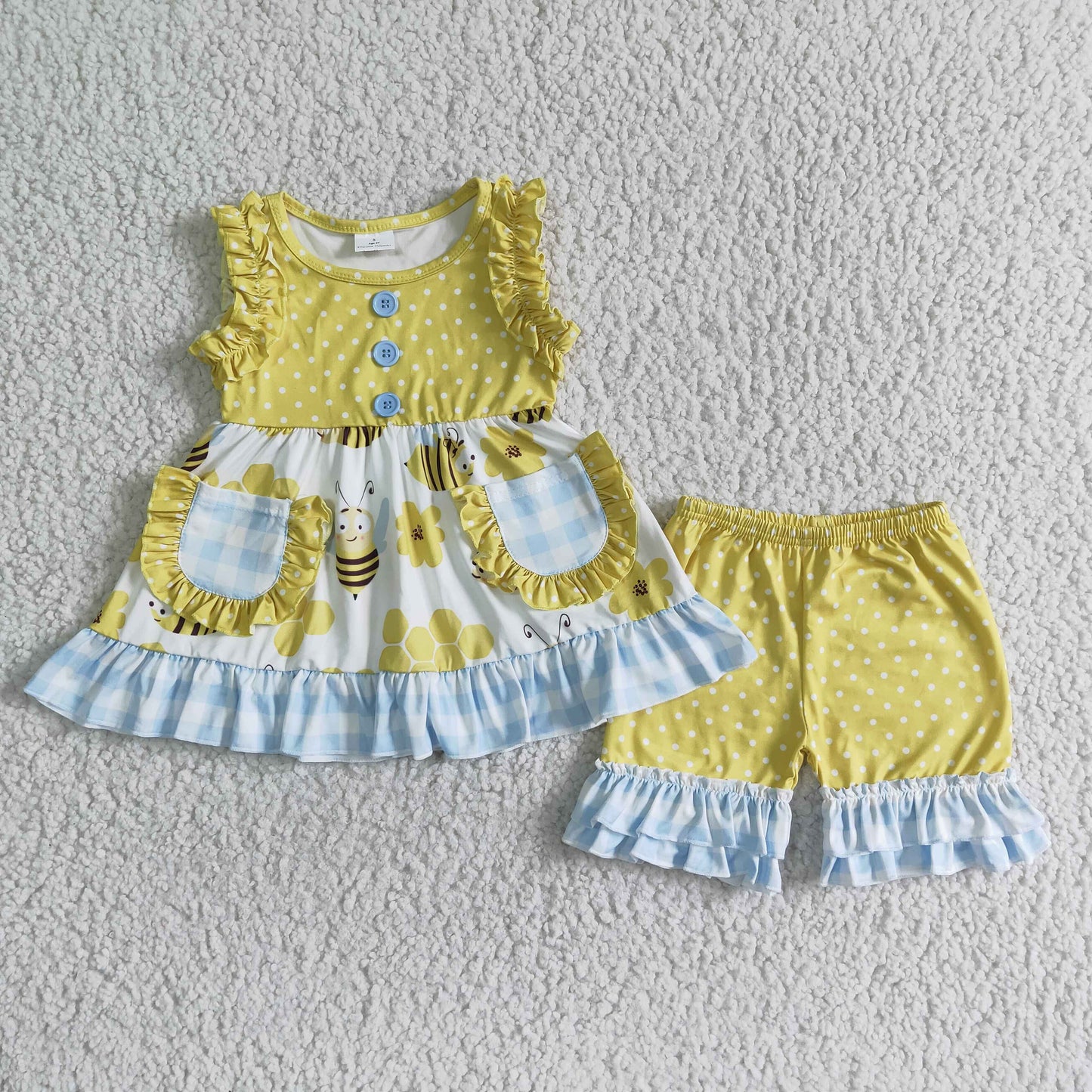 Clearance GSSO0086 Girls yellow bee flower sleeveless lace shorts set