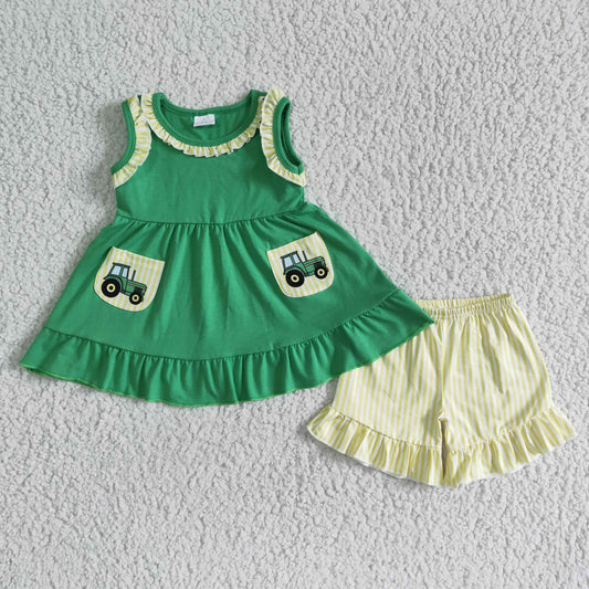 Clearance GSSO0097 Girls green car pocket sleeveless yellow lace shorts set high quality