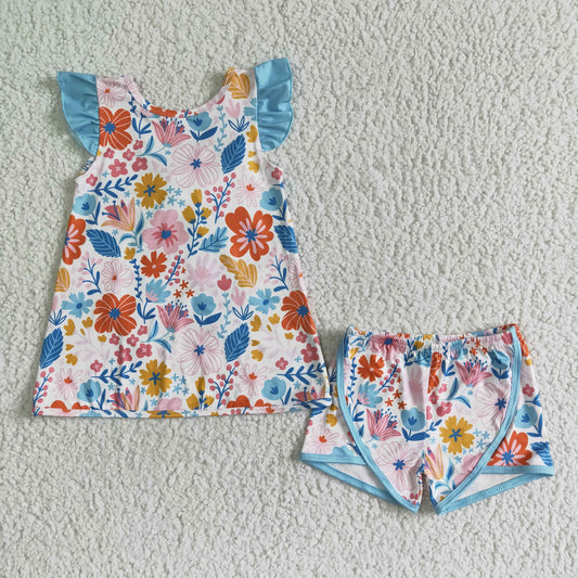 Clearance GSSO0098 Girls blue bow flower flying sleeve shorts set high quality