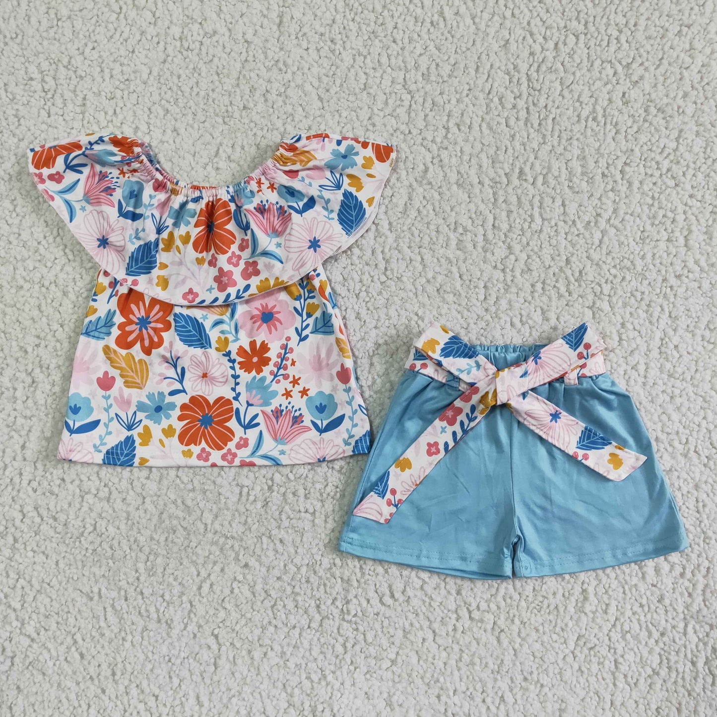 Clearance GSSO0099 Girls floral one-line shoulder bow blue shorts set high quality