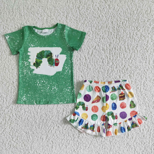 Clearance  GSSO0108 Girls Green Caterpillar short sleeve shorts set