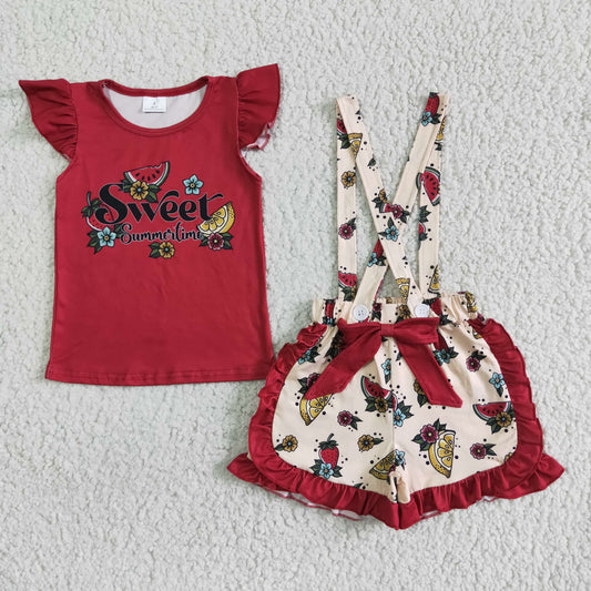 Clearance GSSO0114 Girls sweet flying sleeve fruit flower bow suspenders shorts set high quality