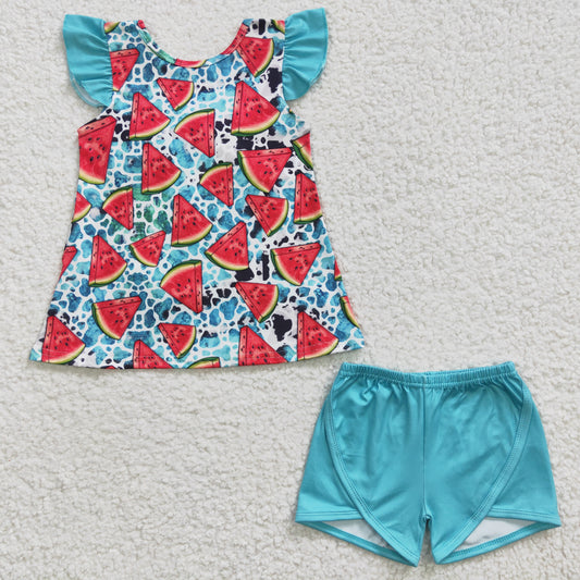 Clearance GSSO0137 Girls' watermelon blue flying sleeve shorts set