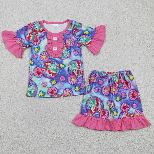 Clearance GSSO0152 Girls Mermaid Clown Fish purple short sleeve shorts set