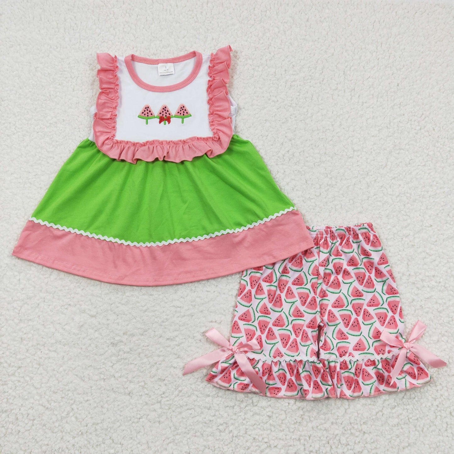 Clearance GSSO0179 Girls embroidered watermelon green sleeveless pink shorts set