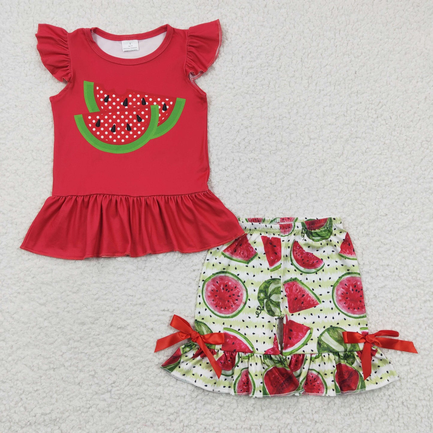 Clearance GSSO0191 Girls' watermelon red flying sleeve shorts set