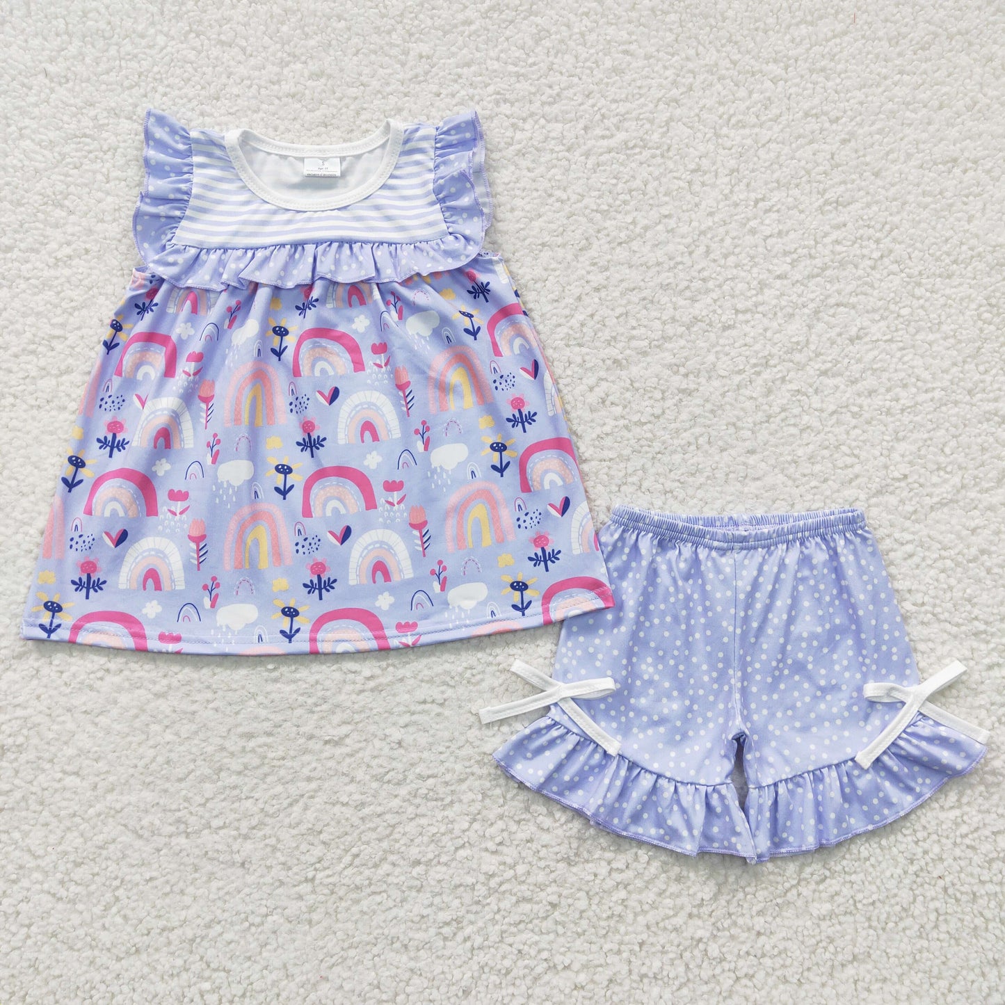 Clearance GSSO0214 Girls rainbow flower blue polka dot sleeveless shorts set