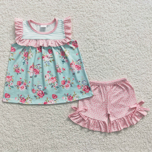 Clearance GSSO0215 Girls floral green striped sleeveless pink shorts outfit