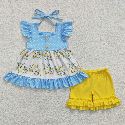 Clearance GSSO0220 Girls blue floral flying sleeves yellow shorts suit