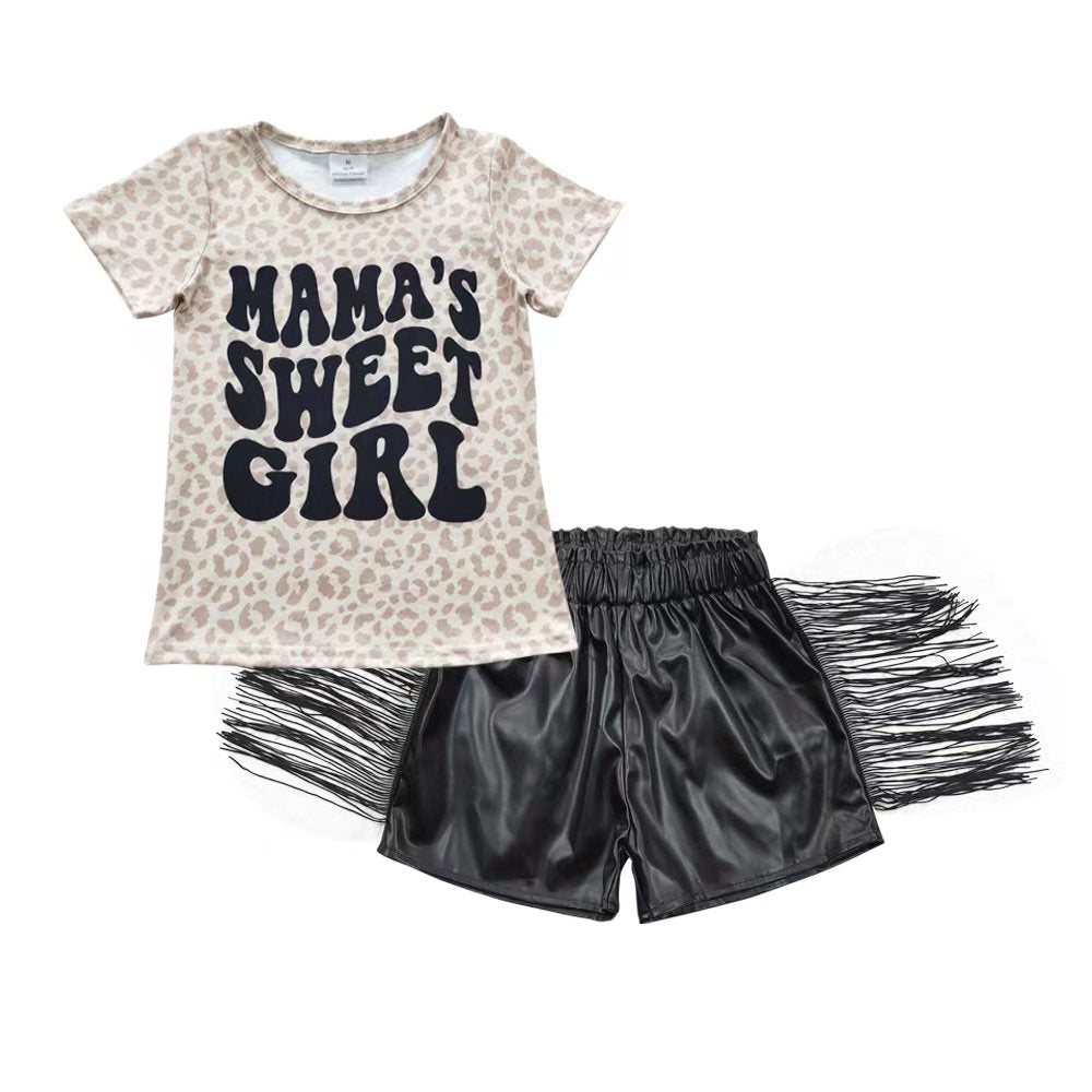 GSSO0349  2pcs Mama's Sweet Girl SS0094 Black Tassel leather pants Girls Shorts Girls Short Sleeve Shorts Outfits