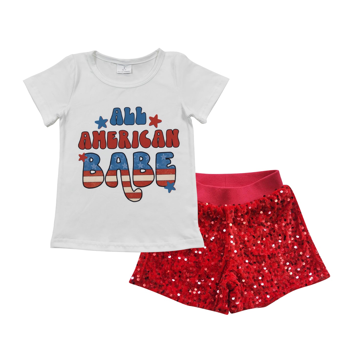 GSSO0350 4th Of July 2pcs Red Sequin Girls Short Sleeve Shorts Outfits