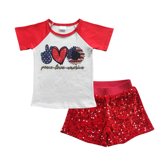 GSSO0351 4th Of July Peace Love 2pcs Red Sequin Girls Short Sleeve Shorts Outfits