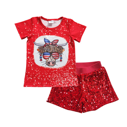 GSSO0352 4th Of July Cow 2pcs Red Sequin Girls Short Sleeve Shorts Outfits