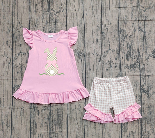 NO MOQ GSSO0374 Embroidered Easter Bunny Plaid Pink Flying Sleeve Shorts Girls Sets 202601