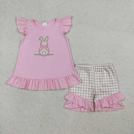GSSO0374 Embroidered Easter Bunny Plaid Pink Flying Sleeve Shorts Girls Sets 202603 RTS