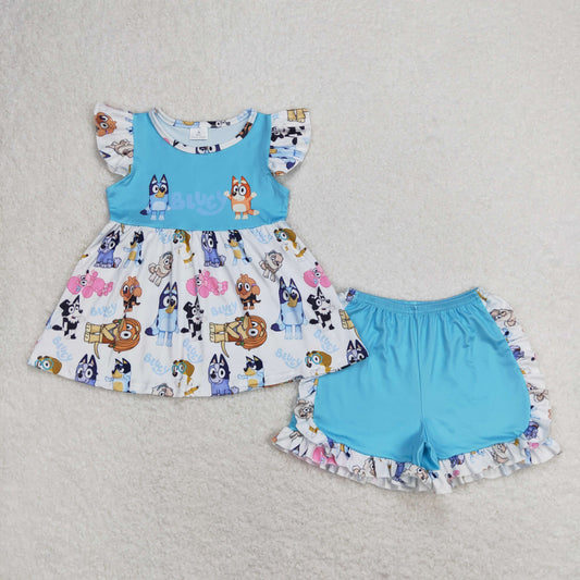 GSSO0387 Cartoon Bluey Blue Flying Sleeve Shorts Girls Set RTS 202508
