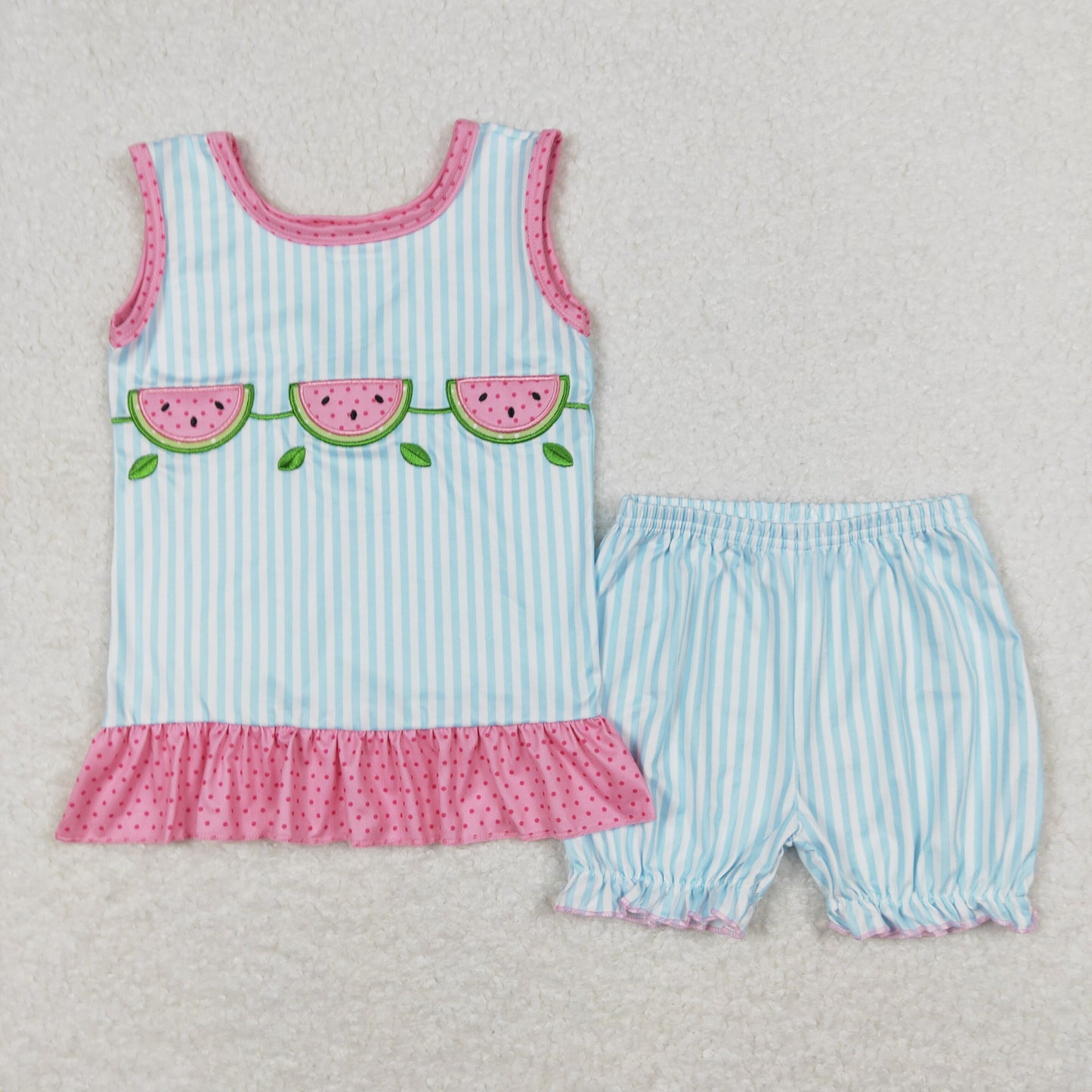 GSSO0398 Embroidered Watermelon Pink Blue Sleeveless Shorts Girls Sets RTS 202508