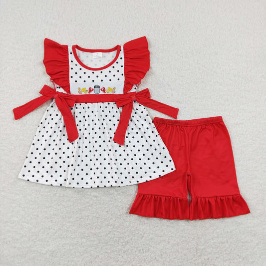 GSSO0454 Red Crayfish Embroidery Bows Red Ruffle Flying Sleeve Shorts Girls Outfits RTS 202507
